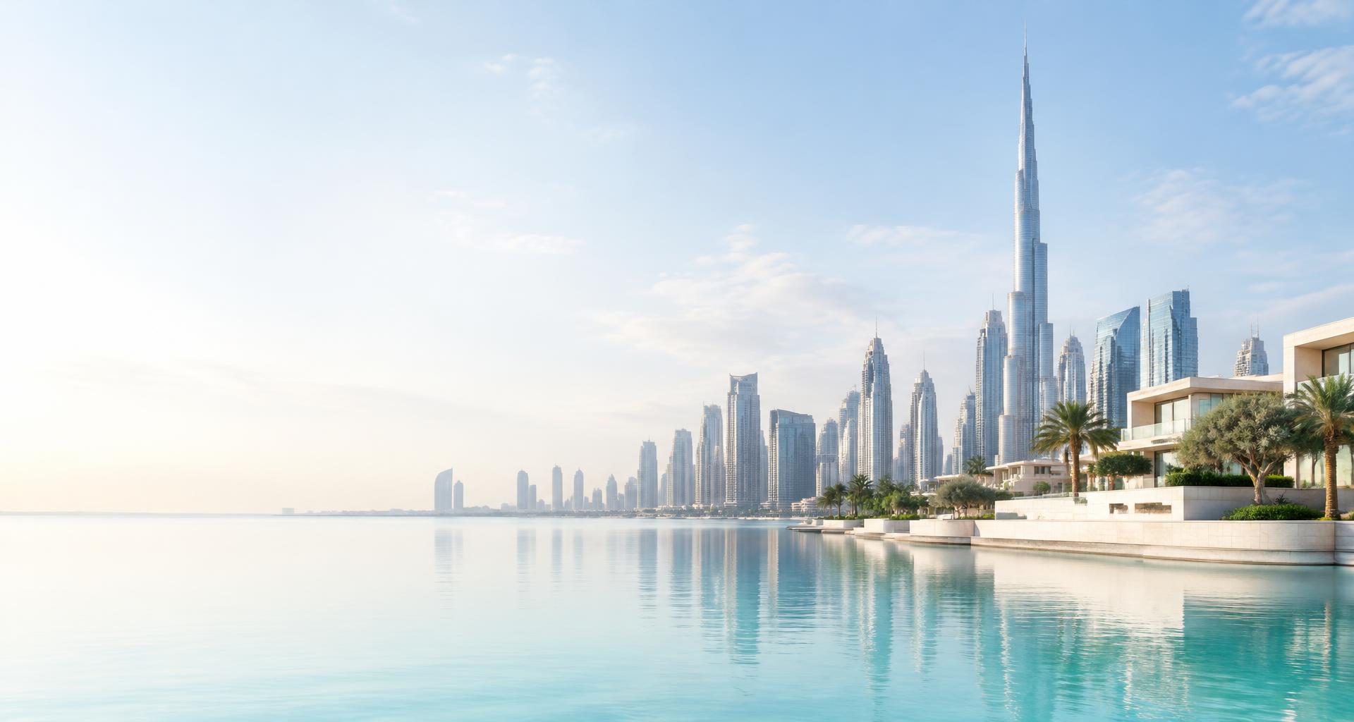 Bright Dubai skyline overlooking the waterfront